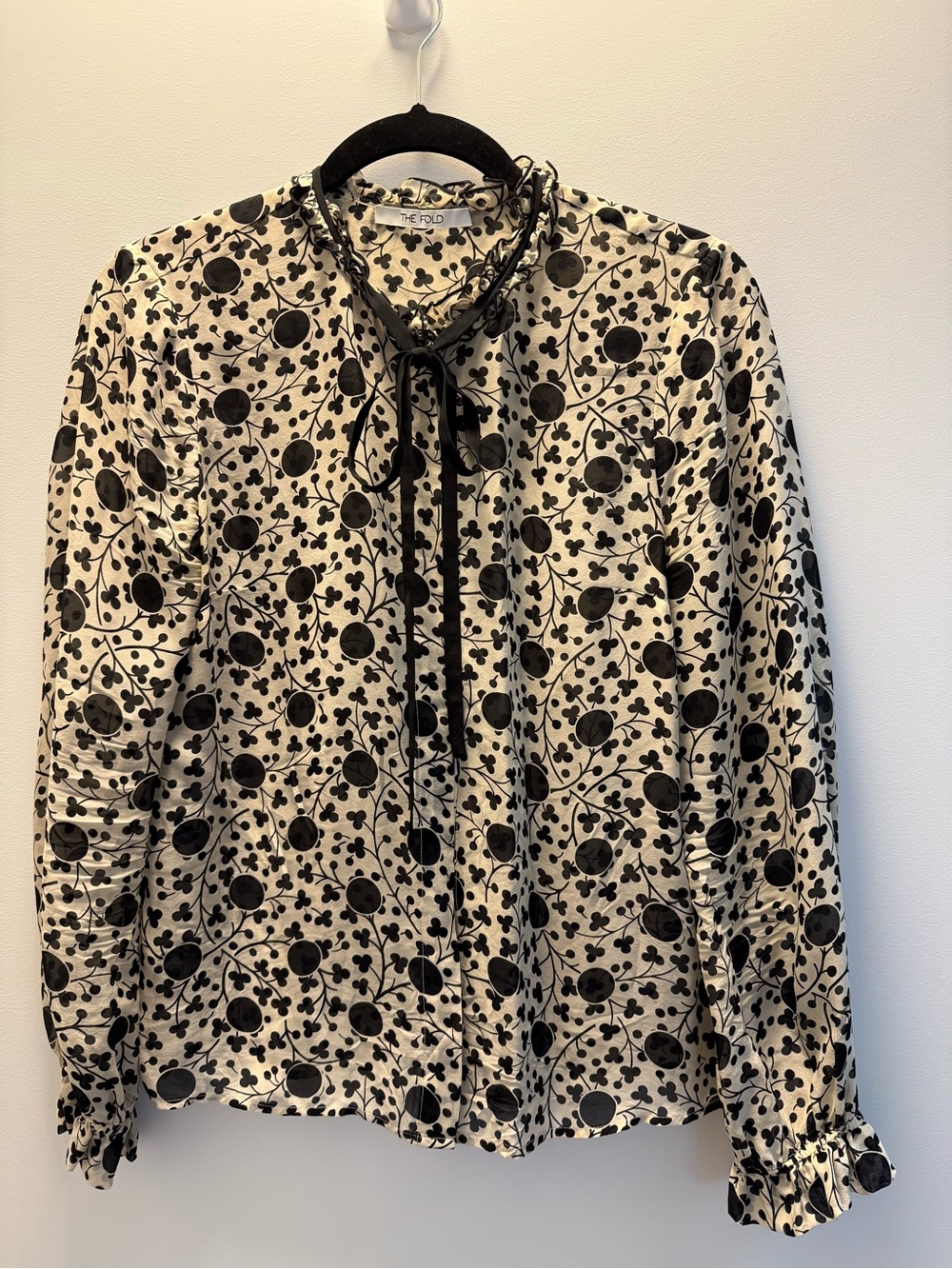 The Fold Silk Black & Cream Floral Tie-Neck Blouse